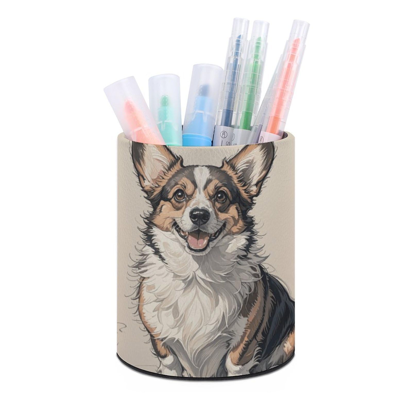 DWVTSLH Aesthetic Pen Holder for Desk - Modern Leather Pencil Holder - Stylish Round Makeup Brush Holder - Hand Drawn Sketch Corgi Pen Cup Cute And Functional Desk Organizer for Office Supplies