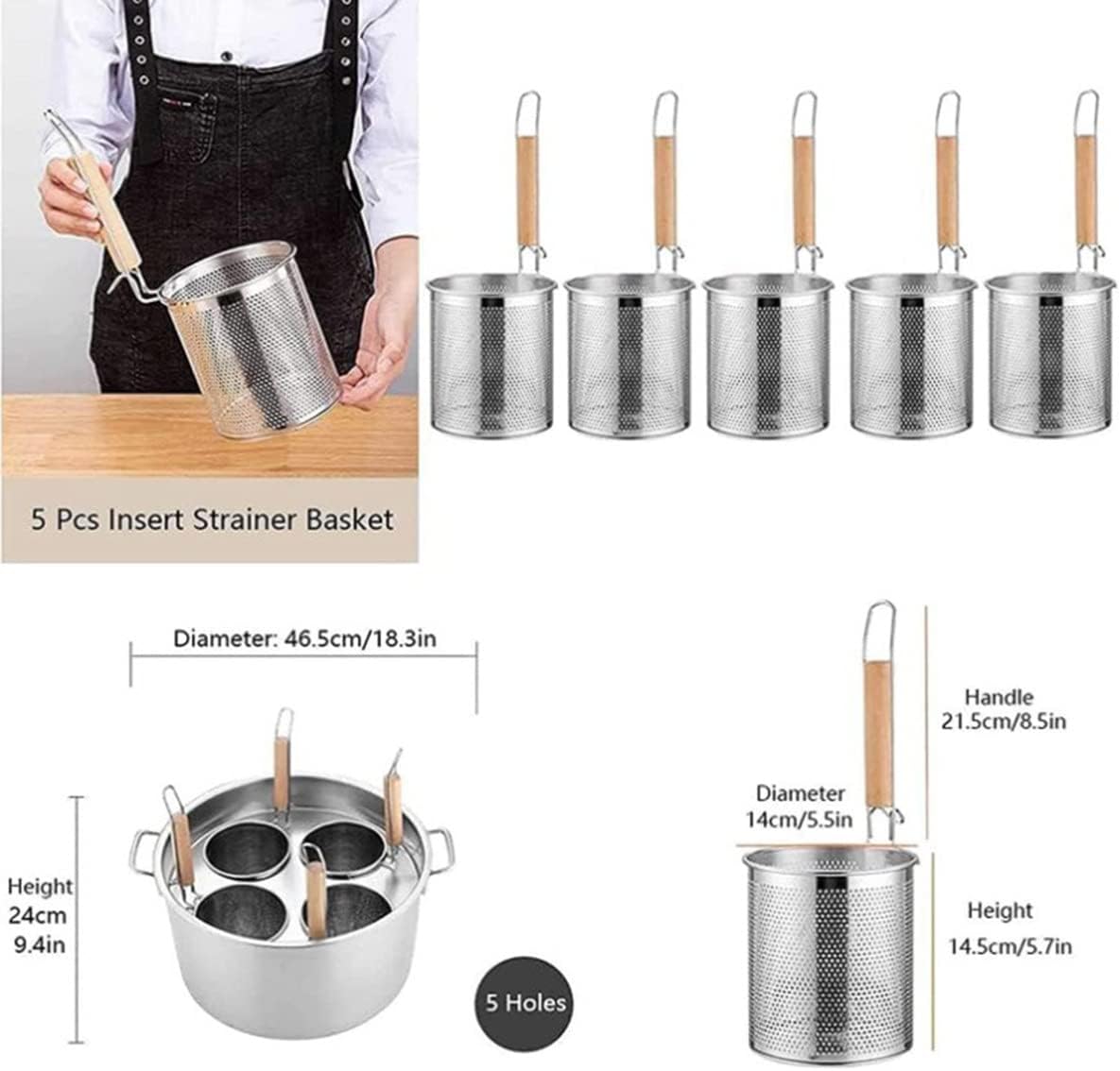 Inserted Strainer Basket,Soup Pot with Lid,Cooker-for Home Kitchen Restaurant (5holes)