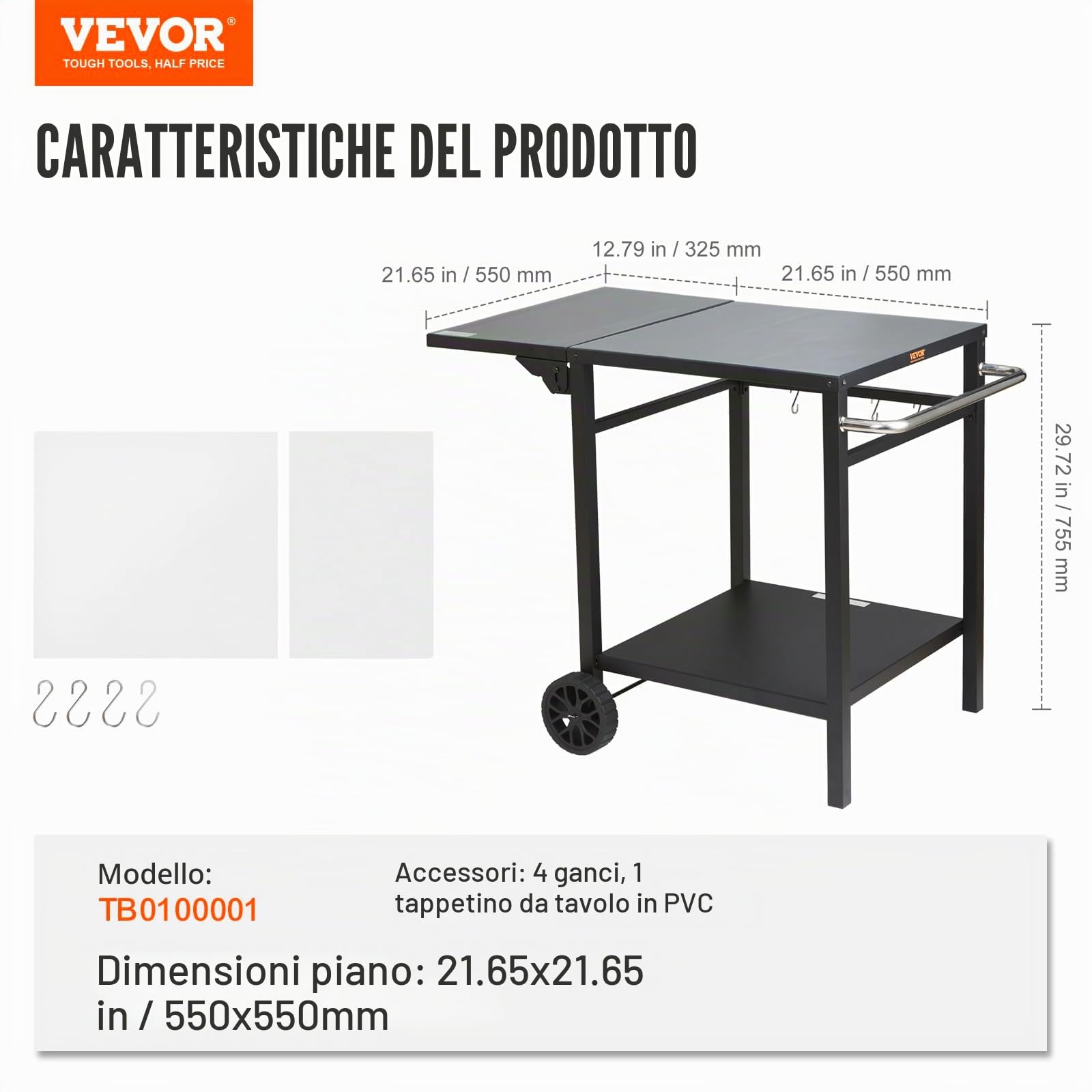 VEVOR Carrello da Pranzo per BBQ da Esterno con Doppio Ripiano, Tavolo Mobile per la Preparazione degli Alimenti per Barbecue, Piano Multifunzionale in Ferro Pieghevole, Carrelli Modulari per Esterno