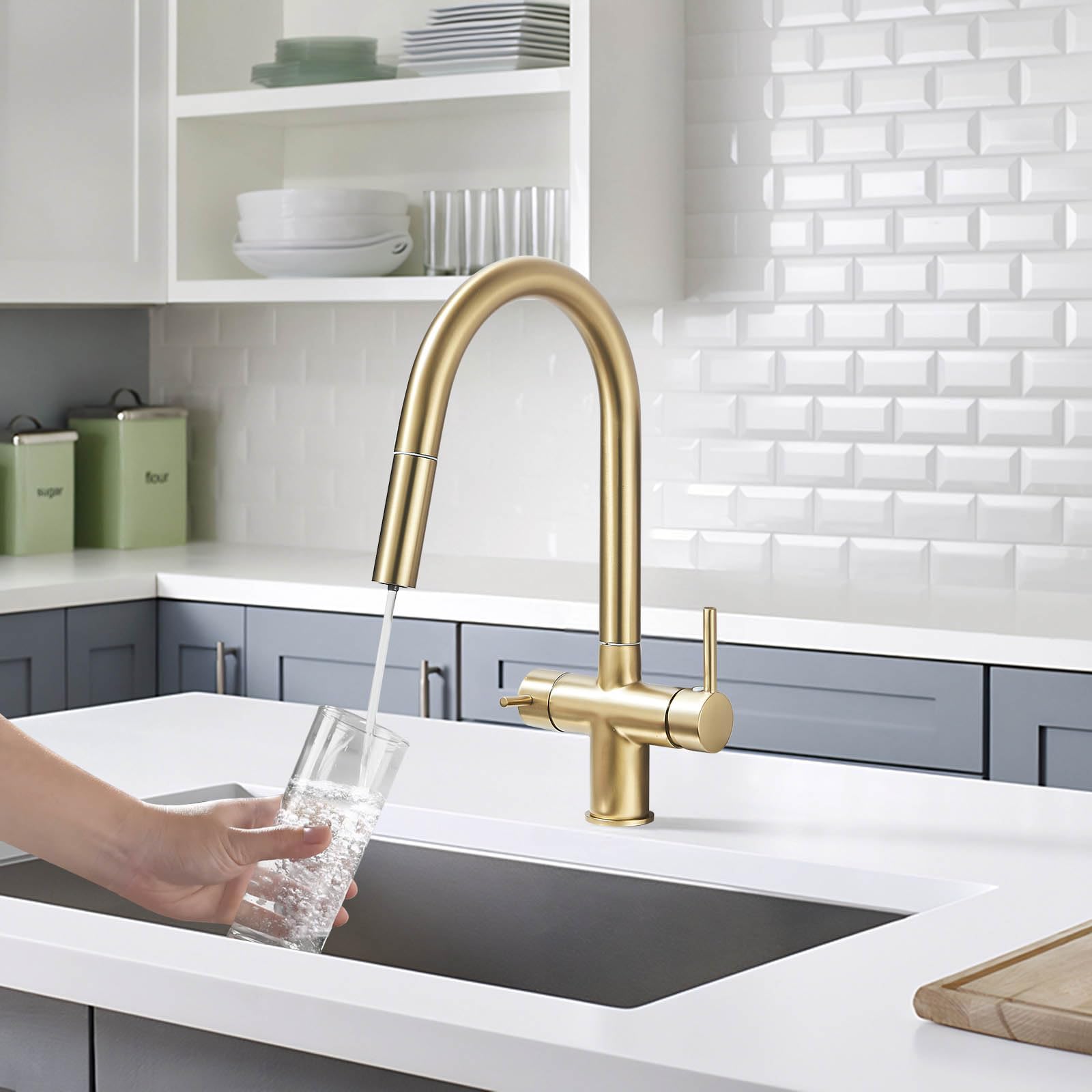 Rubinetto da cucina a 3 vie, miscelatore da cucina in oro spazzolato,Filtro via Osmose Rubinetto da cucina dorato spazzolato,Rubinetti da cucina, girevole a 360 gradi, facile installazione