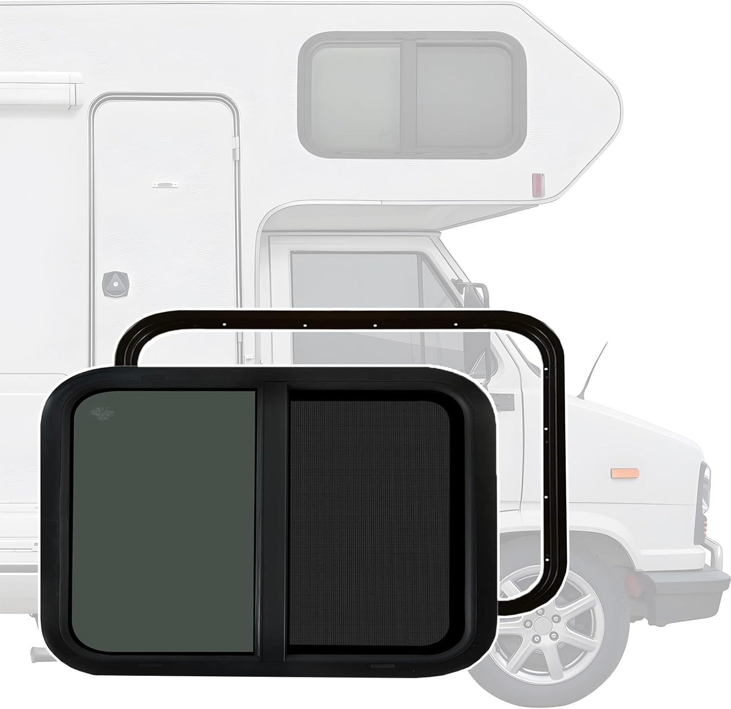 36"W x 18"H RV Window, Black Aluminum Sealed Trailer Horizontal Slide Window with Screen&Trim Kit, Camper Rounded Corner Replacement Window, Easy Installation