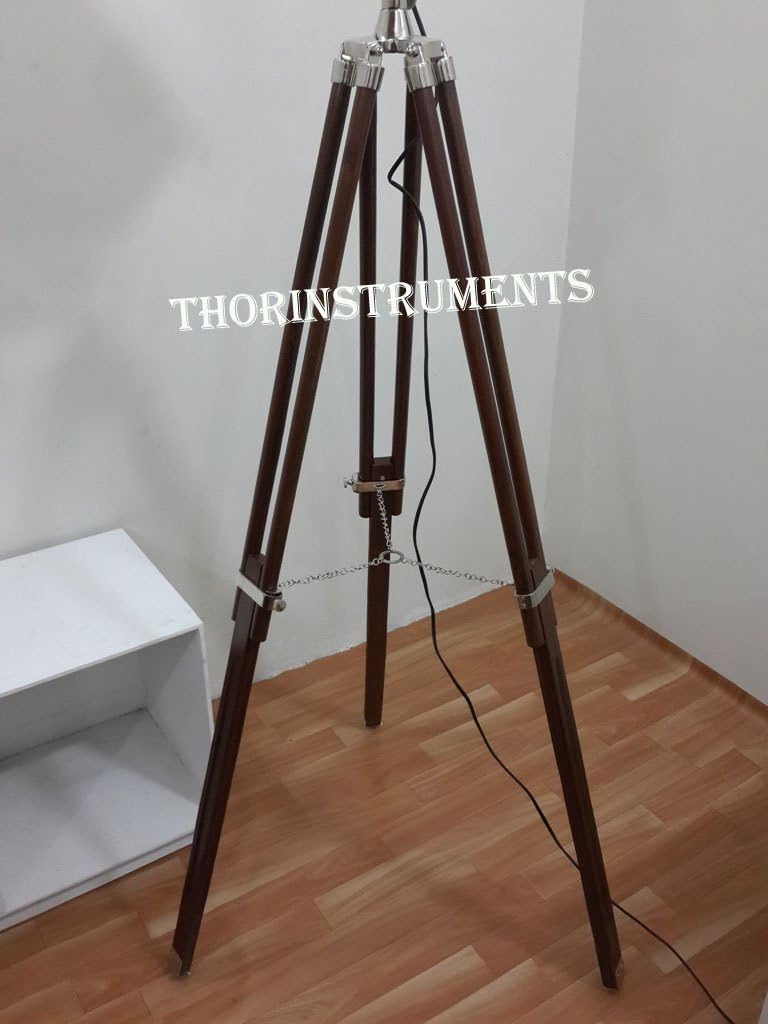 THOR INSTRUMENTS Collectible Marine Search Light Chrome w/Brown Wooden Tripod Stand Rustic Vintage Home Decor Gifts