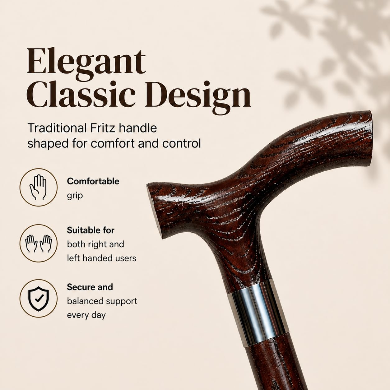 Dr. Watson Classic Fritz Walking Stick – Handcrafted Ash Wood Cane with Polished Stainless Steel Collar