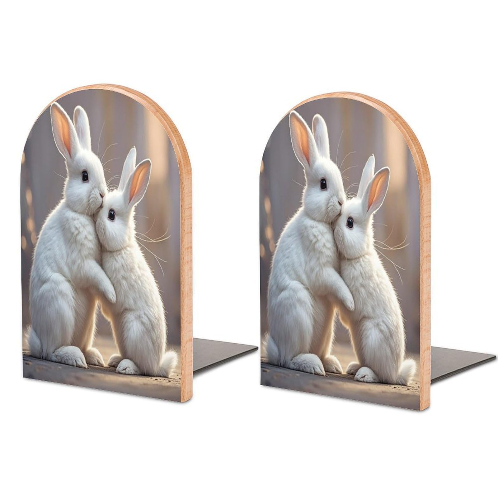 Bunny Hug Bookend for Shelves Wooden Book End Sturdy Book Holders Stoppers with Metal Base for Bookshelves Slick Decorative Bookends Stands