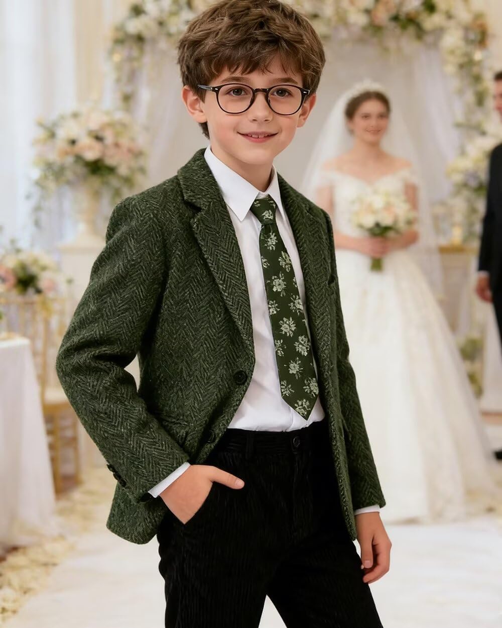 Bofan Retro Boy Suit Blazer Tweed Herringbone Blazers for Boys Slim Fit Kid Suits Jackets Separate Outwear Blazers Sports Coats Wedding Outfit Green Size 10