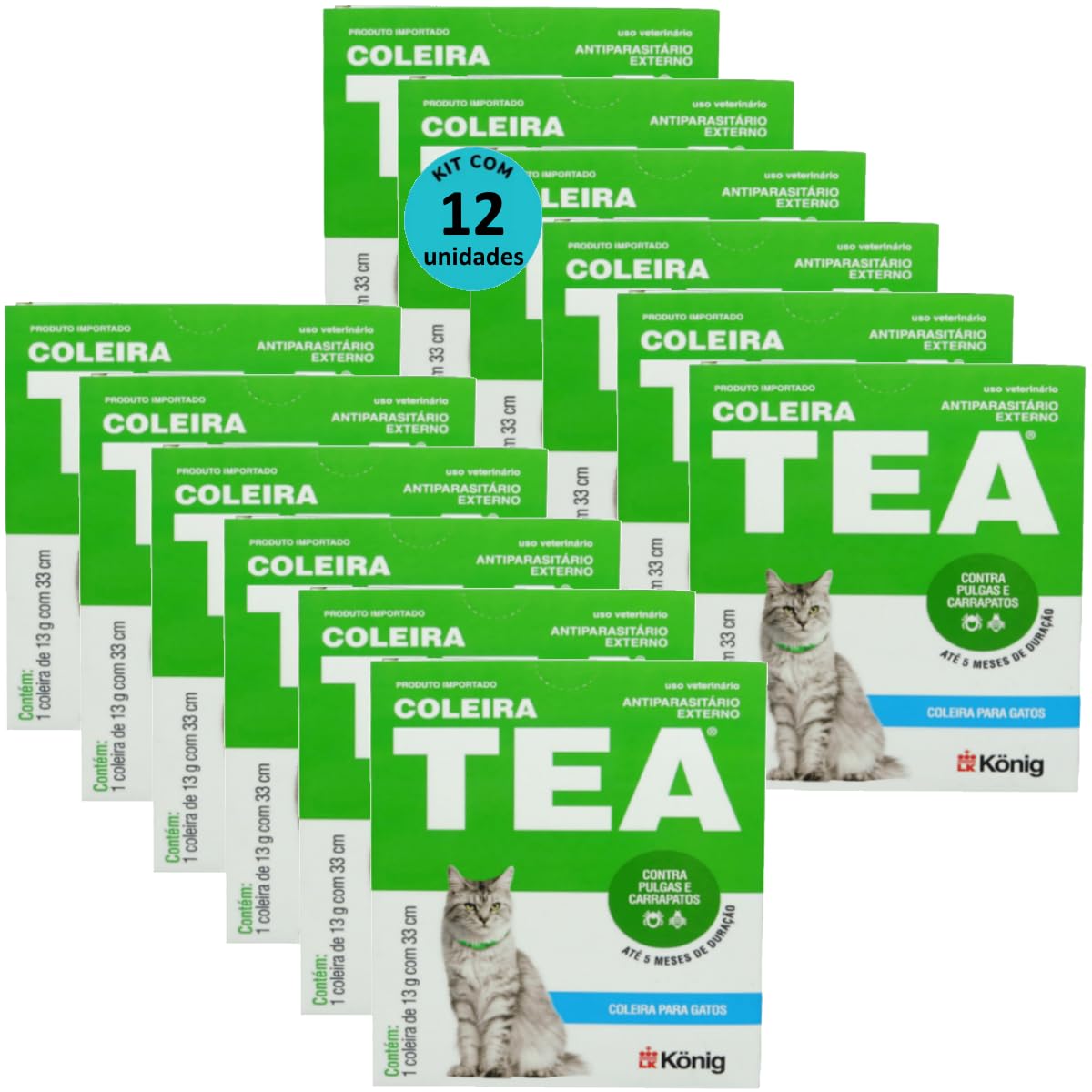 Coleira Contra Pulgas E Carrapatos TEA Gatos König 13g C/ 33cm Kit 12 Unidades