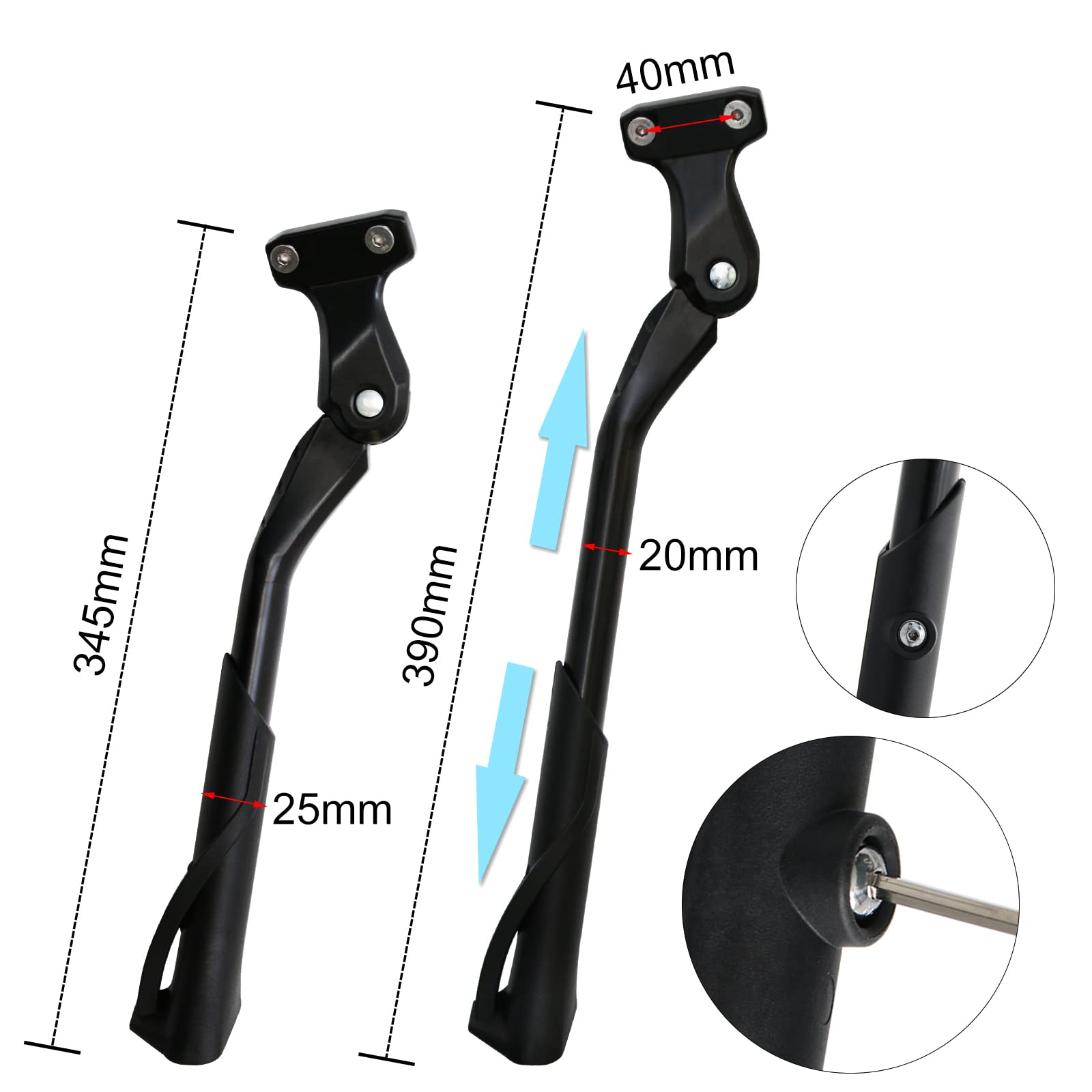 TAOCI Béquille De Vélo Réglable – 50,8 à 71,1 Cm, Latérale En Alliage D’aluminium, Solide Et Stable, Compatible VTT, électrique, Route, Pliant