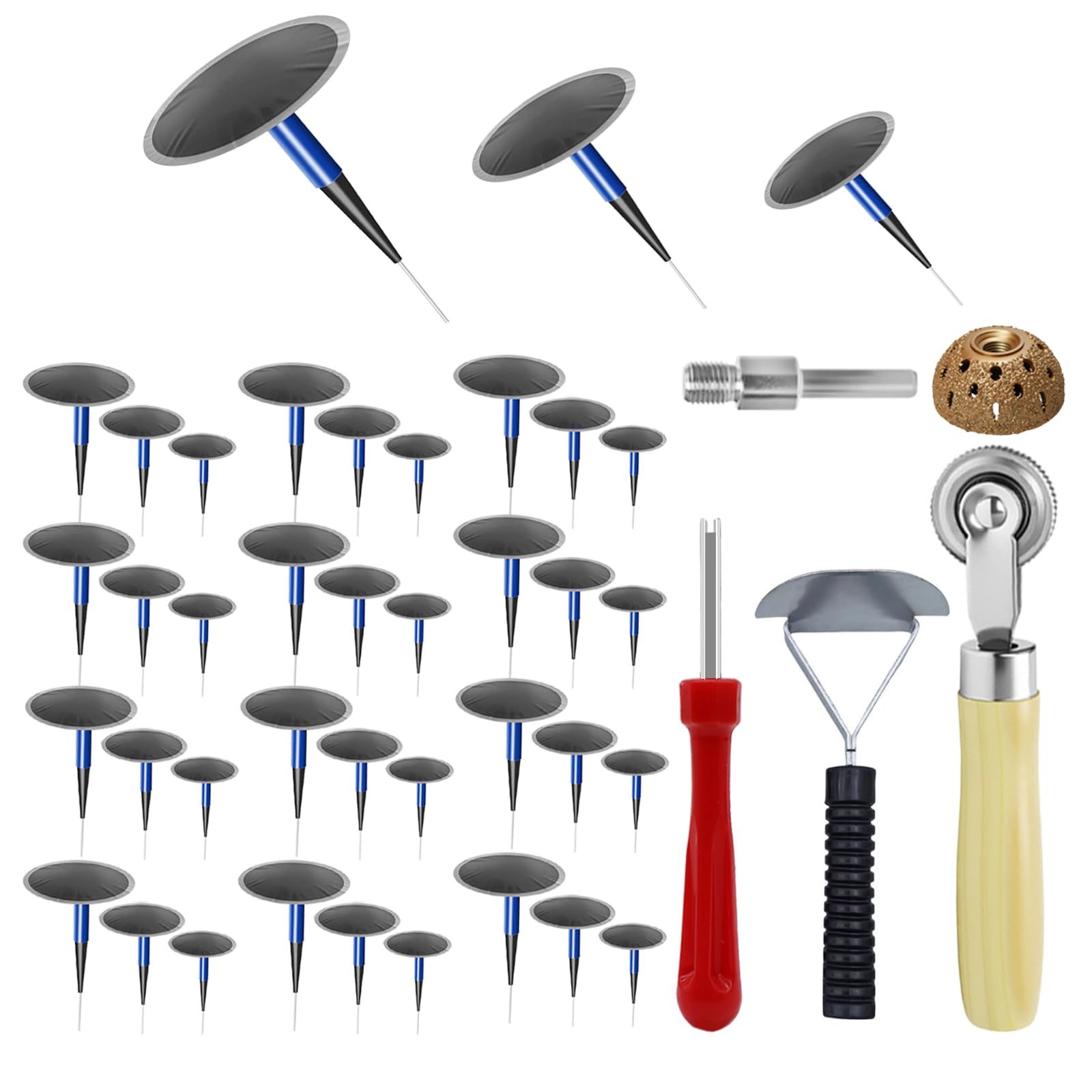 36Pcs Tire Repair Patch Tool Kit, Tire Patch Plugs with Repair Buffing Wheel Patch Roller Tool Inner Liner Scraper for Puncture Car Truck Bus Tractor Vehicle