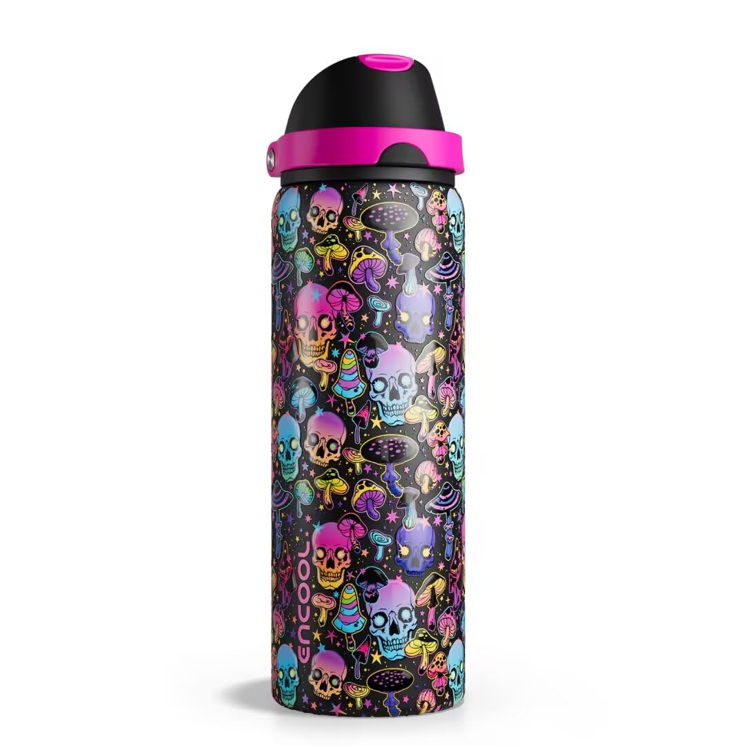 Insulated Water Bottle with Straw - Encool Stainless Steel Water Bottle with Push Button Lid, Leak-Proof &amp; BPA-Free, Keeps Cold for 24 Hours for Sports, Travel, Gym (32 oz, Trippy Skulls)