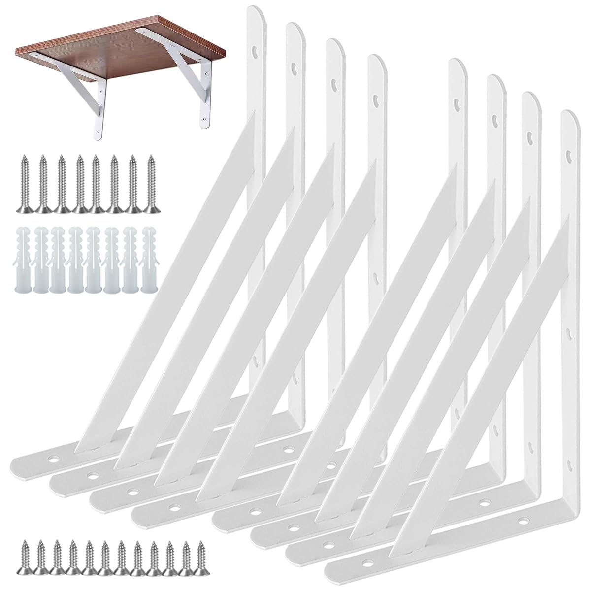 8 Pack Shelf Brackets Heavy Duty, Wall Mounted Shelf Supporters Triangle Shelving Brackets, 90 Degree Right Angle Brace Brackets, for Home, Kitchen, Office( White 200x120 mm)