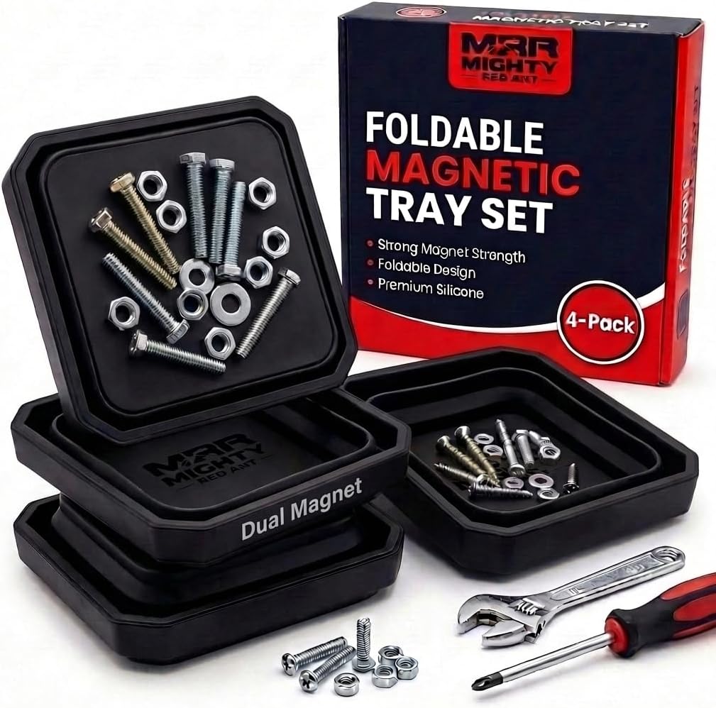 Collapsible Magnetic Tray Set – 4 Pcs Silicone Parts Tray with Dual-Sided Magnetic Plate, Automotive Tools for Screws, Nuts, Bolts, & Small Metal Parts Holder – 5x3x5 Inches, Black