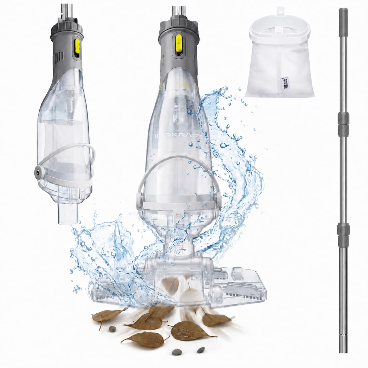 InoKraft Aspirateur de piscine sans fil avec tige extensible de 150 cm, temps de fonctionnement jusqu'à 60 minutes, aspiration jusqu'à 4300 l/h, gris