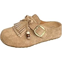 Women's Suede Tassel Moccasin Mules with Beaded Casual Comfortable Round Toe Slip On Bohemian Flat Clogs for Daily Work Anti-Slip Walking Slides
