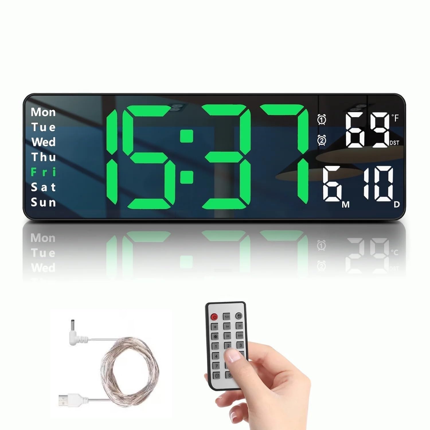 ELEXIQ 16" Rectangle Green+White Digital Wall Clock - Image 1