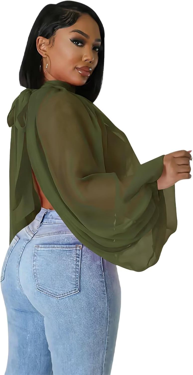 Women's Sexy See Through Chiffon Sheer Lantern Sleeve Front Back Open High Neck Self Tie Casual Shirts Blouses Tops - Image 3