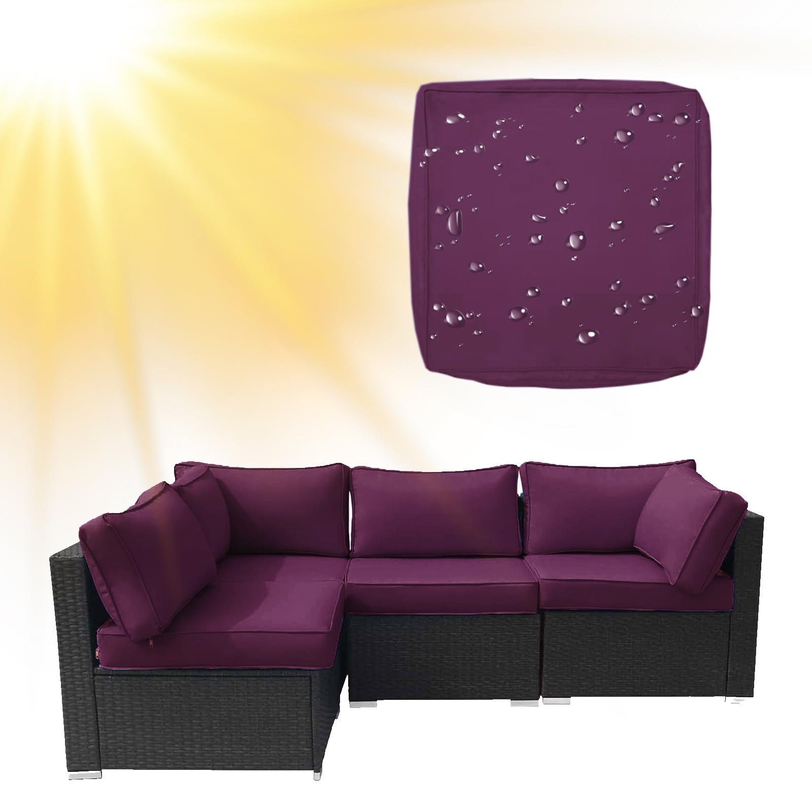 SYLC Water Repellent Patio Cushion Covers UV Resistant Garden Rattan Cushion Covers with Zipper Outdoor Couch Cushion Slipcovers for L Shape/Corner (1 pc 65×65×10 cm,Purple)