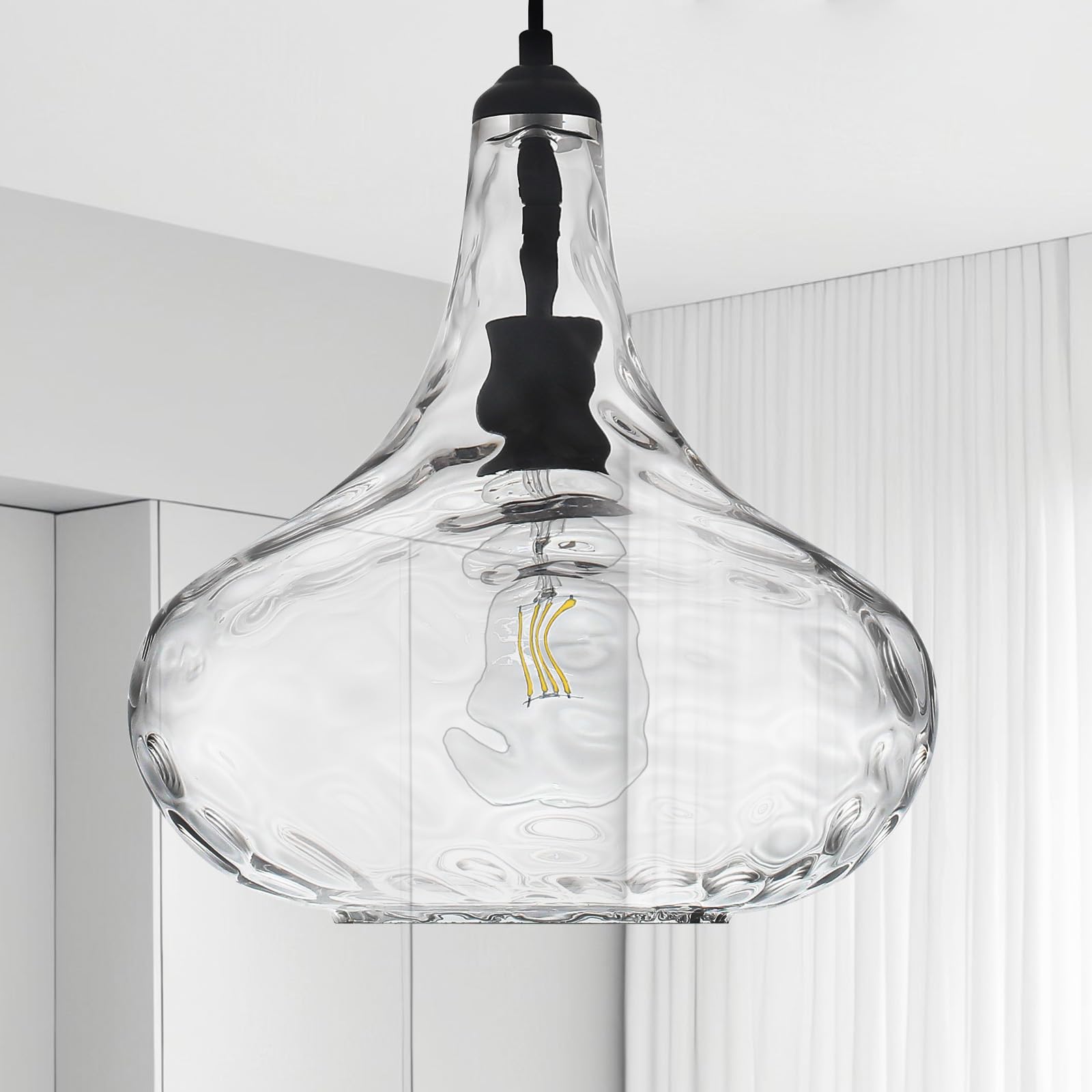 11" Large Glass Pendant Lights for Kitchen Island,Blown Glass Pendant Light Fixture,1 Light Black Farmhouse Hanging Light for Hallway,Bedroom, Living Room Tall 14 inch