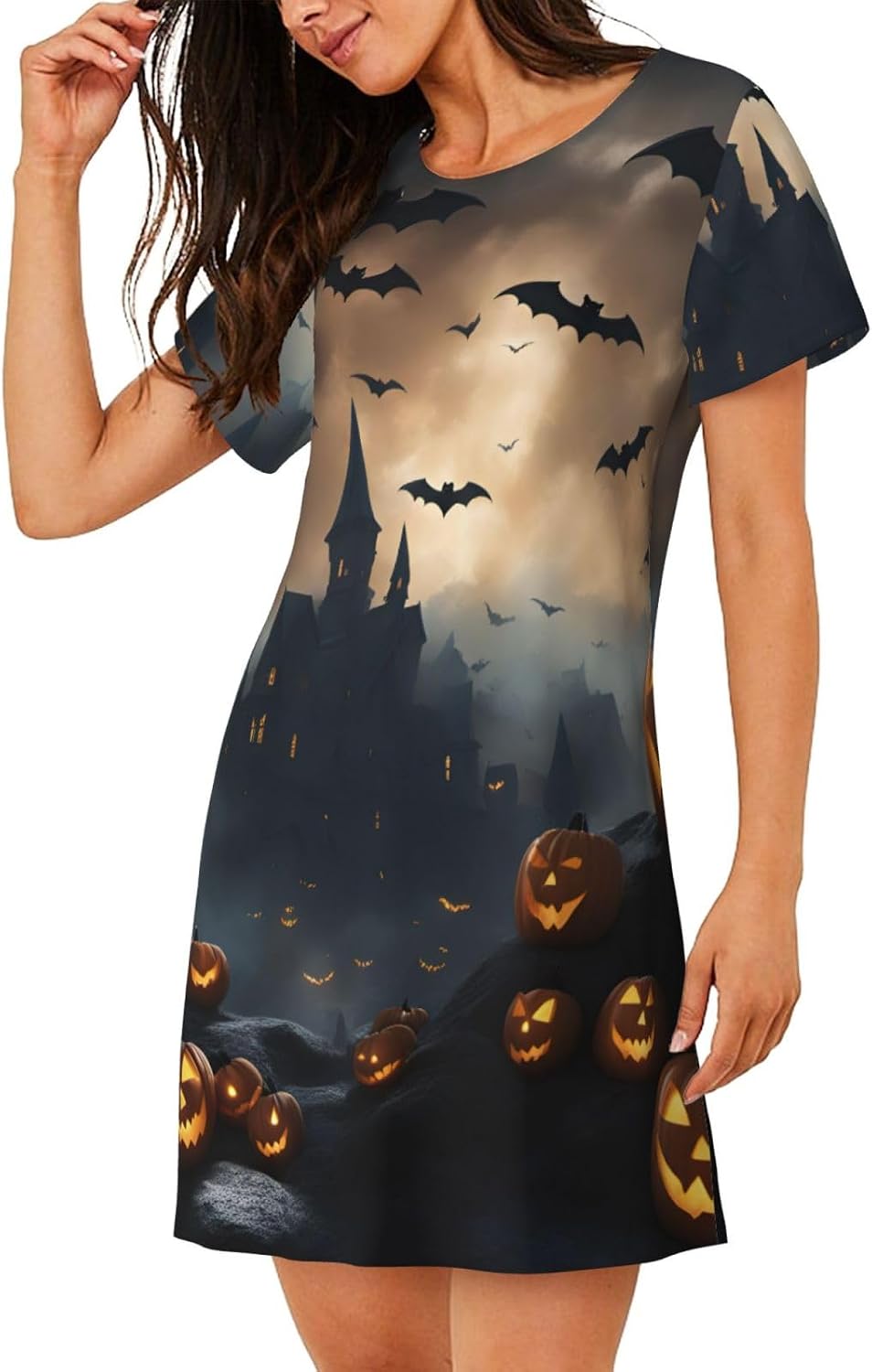 Halloween Flying Bats Print Women’s Short Nightgown,Knee-Length Sleepshirt For Summer,A-Shape Ladies Sleepwear