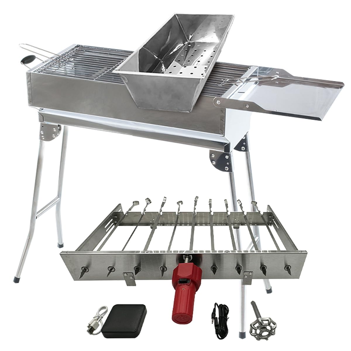 Set di barbecue per shish kebab XXL Olymp 9, griglia per barbecue, 9 spiedini, power bank, motore, griglia per shish kebab, mangal + manovella manuale