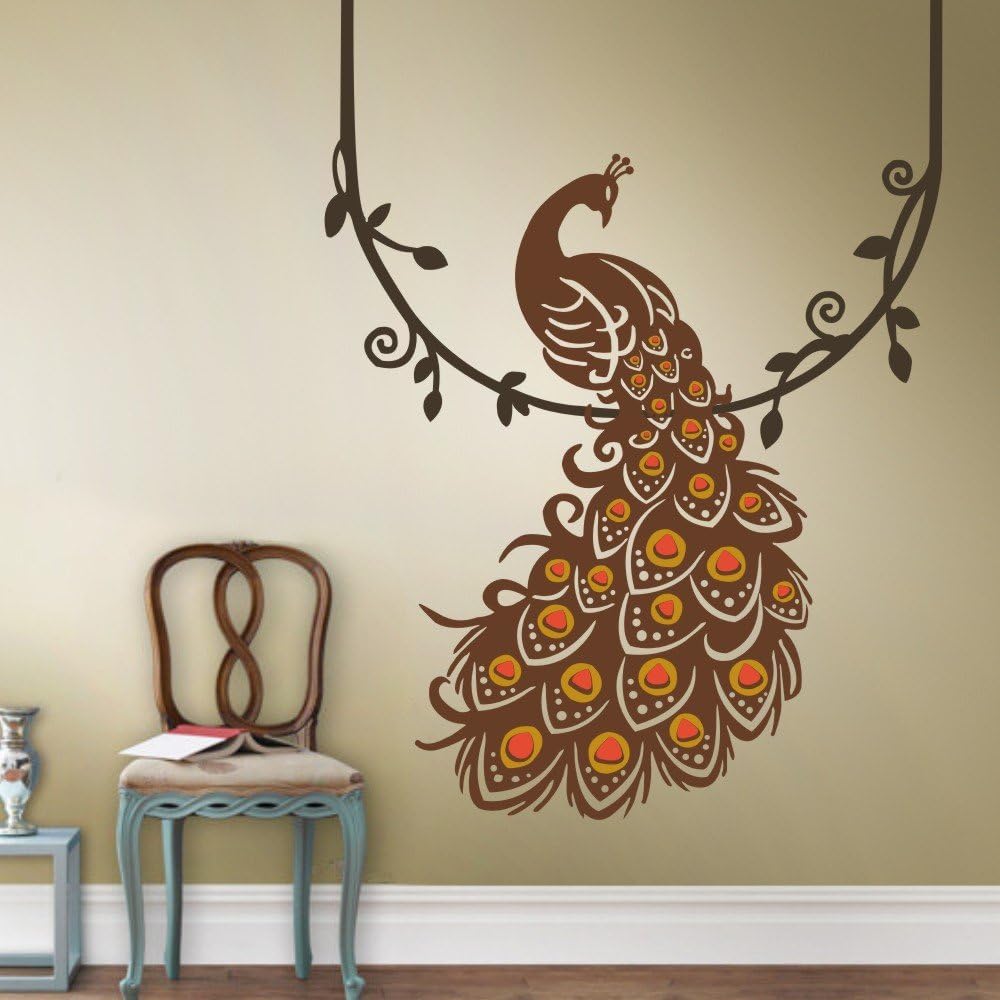 Peacock Wall Decal Peafowl Wall Sticker Animal Wall Decal Bird Wall Decal Vinyl Nursery wall decal Peacock wall Mural home Art Decor D(peacock and feather:Brown;annulus of the feather's eyes:Light Yellow;eyes of feather:Orange;vine:Dark Brown)