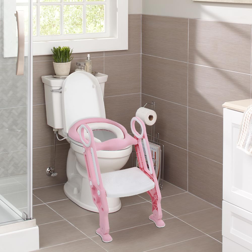 Homewell Riduttore WC per bambini con scala, sedile WC per bambini per ragazze e ragazzi, pieghevole e regolabile, sgabello per scale, adatto per WC a forma di V, U, O