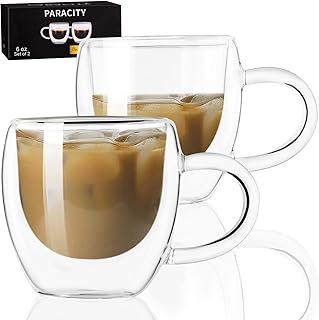 PARACITY Espresso Cups Set Of 2, Double Wall Insulated Glass Coffee Mugs 5.5 OZ, Cappuccino Cups with Handle, Clear Glass Coffee Cups Travel Camping for Cappuccino/Latte/Tea/Shots … (5.5OZ)