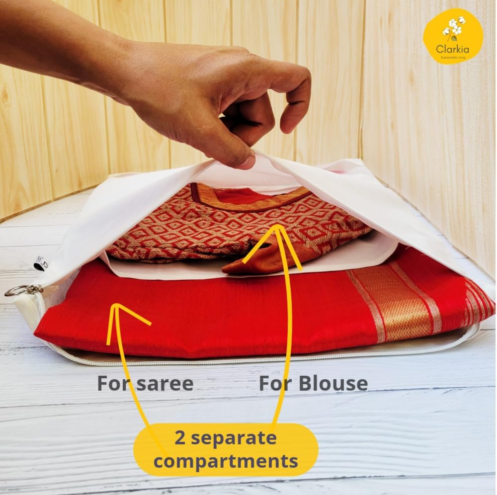 Reusable Cotton Saree Cover with Blouse compartment big size for Storage, Wardrobe Organizer bags saree bags cotton (17x17 inches, 24)