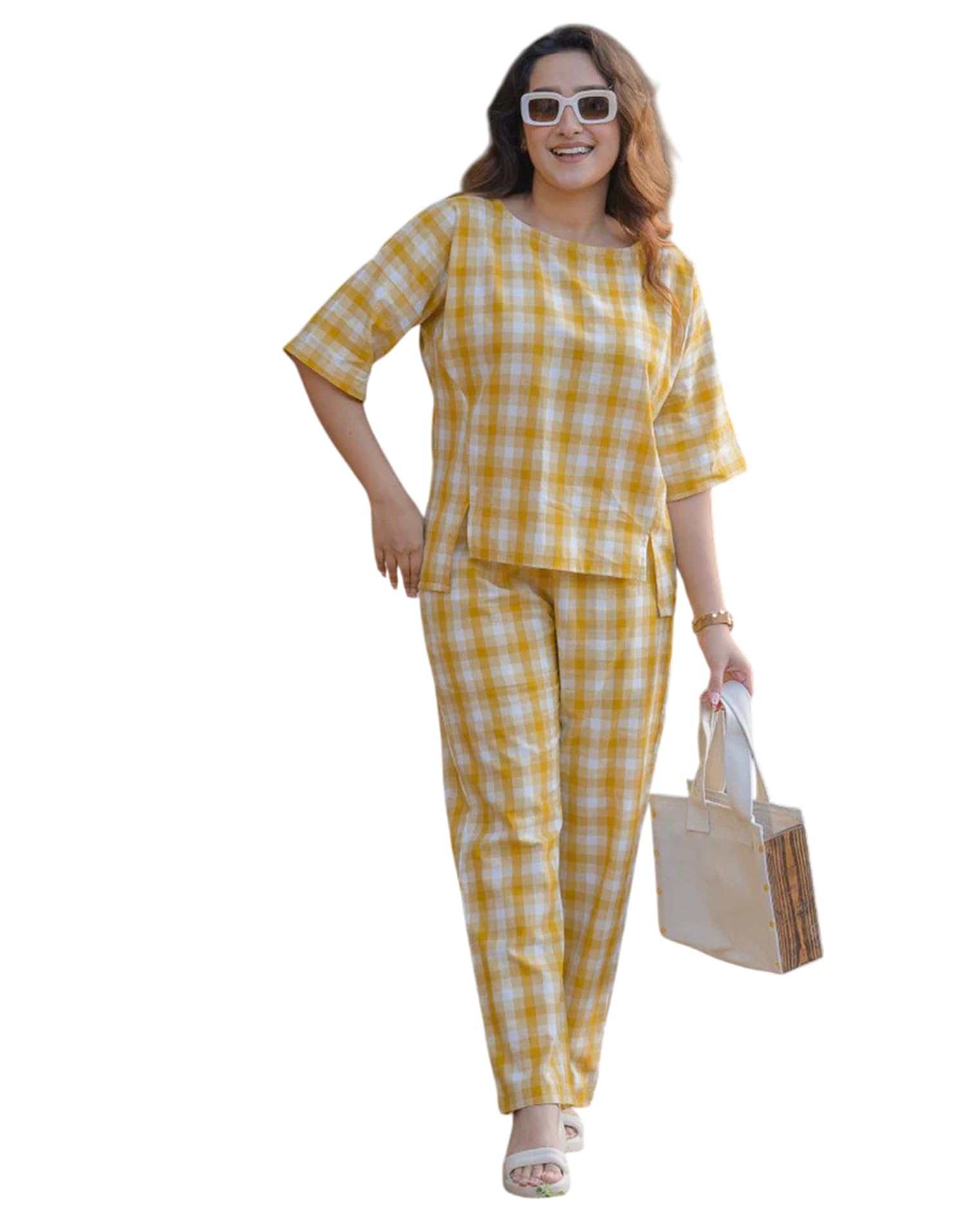 Fabnex Stylish Printed Cotton Blend Co Ord Set For Women || Casual & Festive Indo-Western Outfit (K-126-Yellow-M)