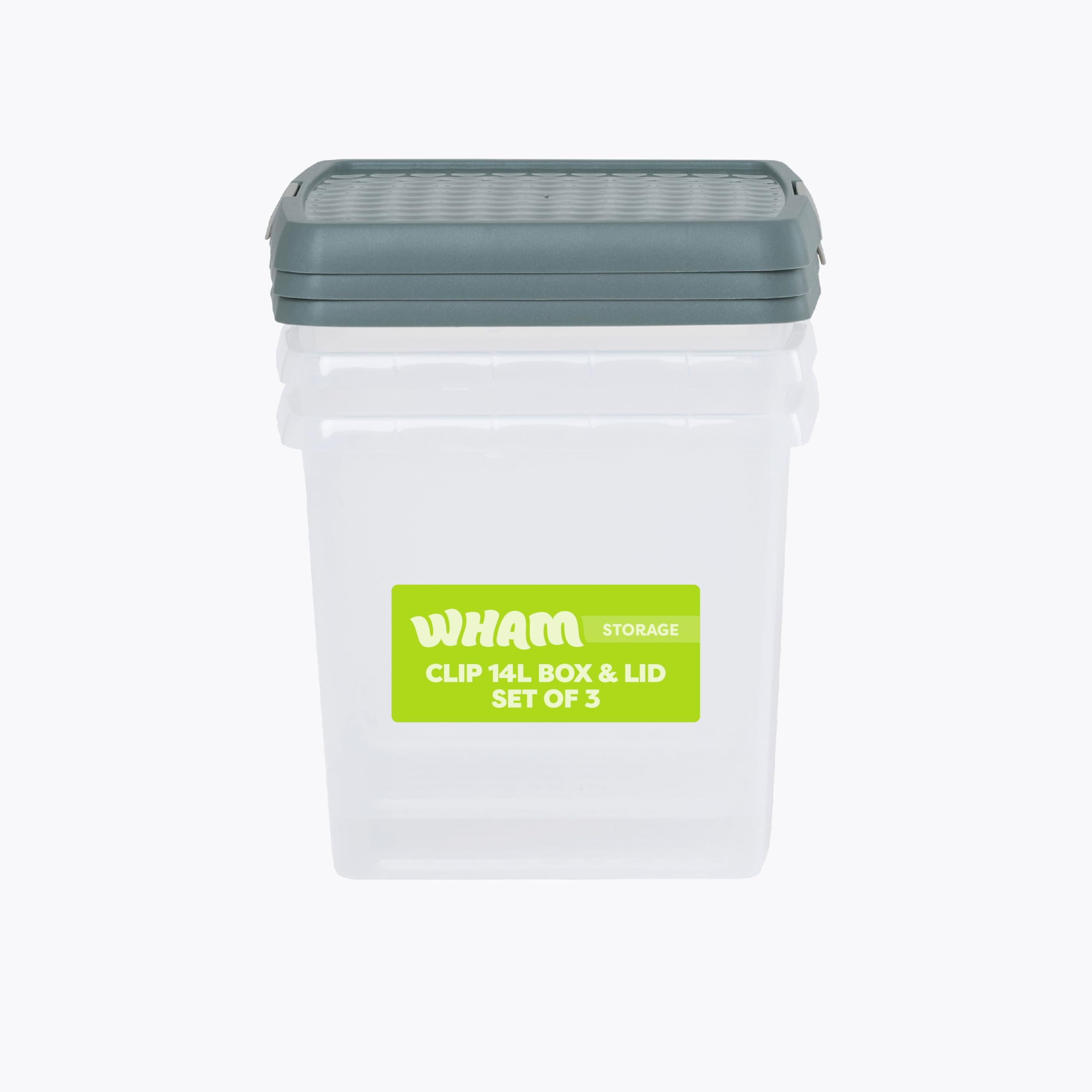 Wham Clip 3 x 14L Square Stackable Plastic Storage Boxes with Lids | Ideal for Home, Office, Toys & More | Storage Containers with Clip Locks | Made in UK - Clear/Green Milieu
