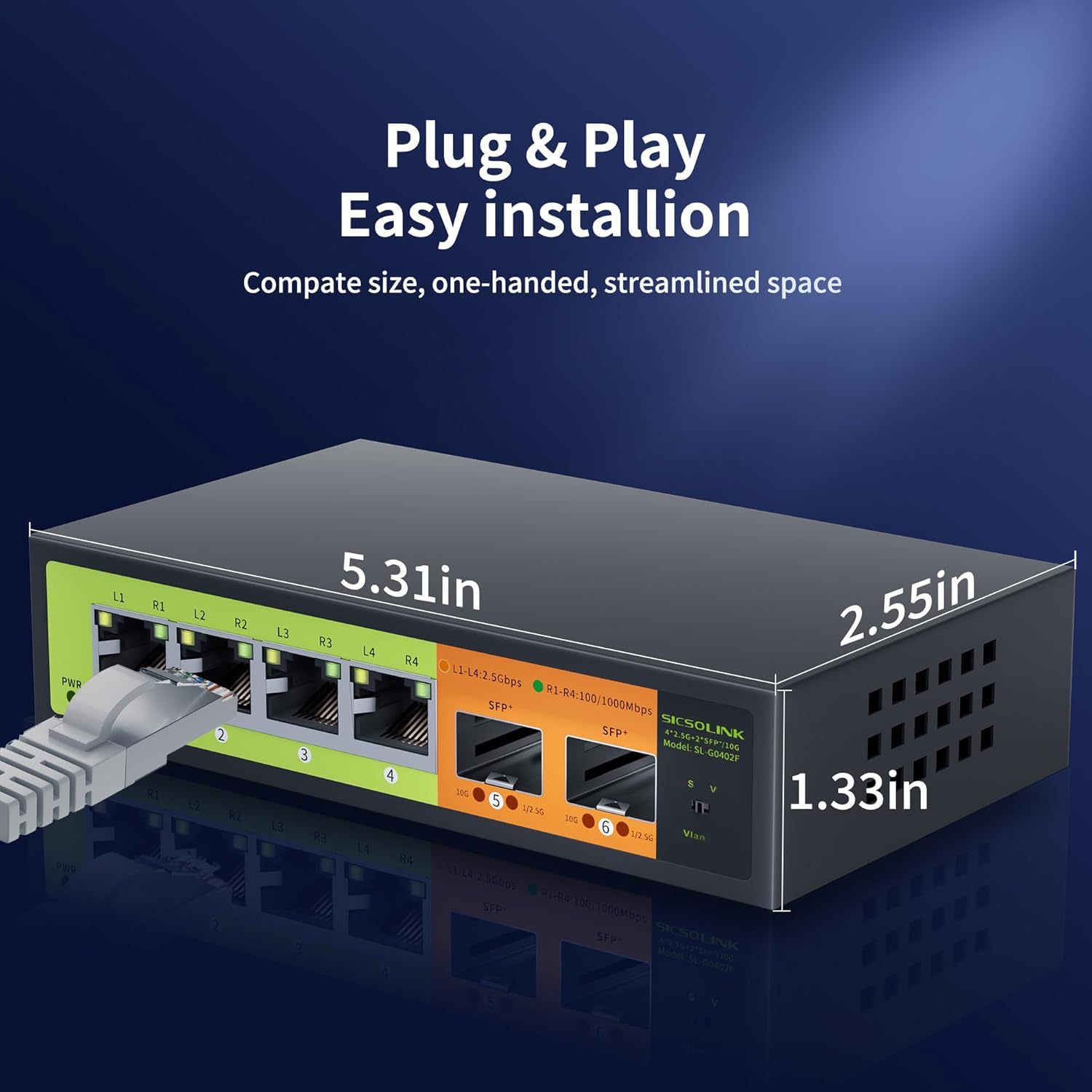 Commutateur Réseau 6 Ports 2.5Gb, 4X RJ45 2.5G, 2X SFP+ 10G, Multigigabit, Non Géré, Boîtier en Métal, Bande passante 60G, sans Ventilateur, Compatible avec NAS 2.5gbe, PC, AP
