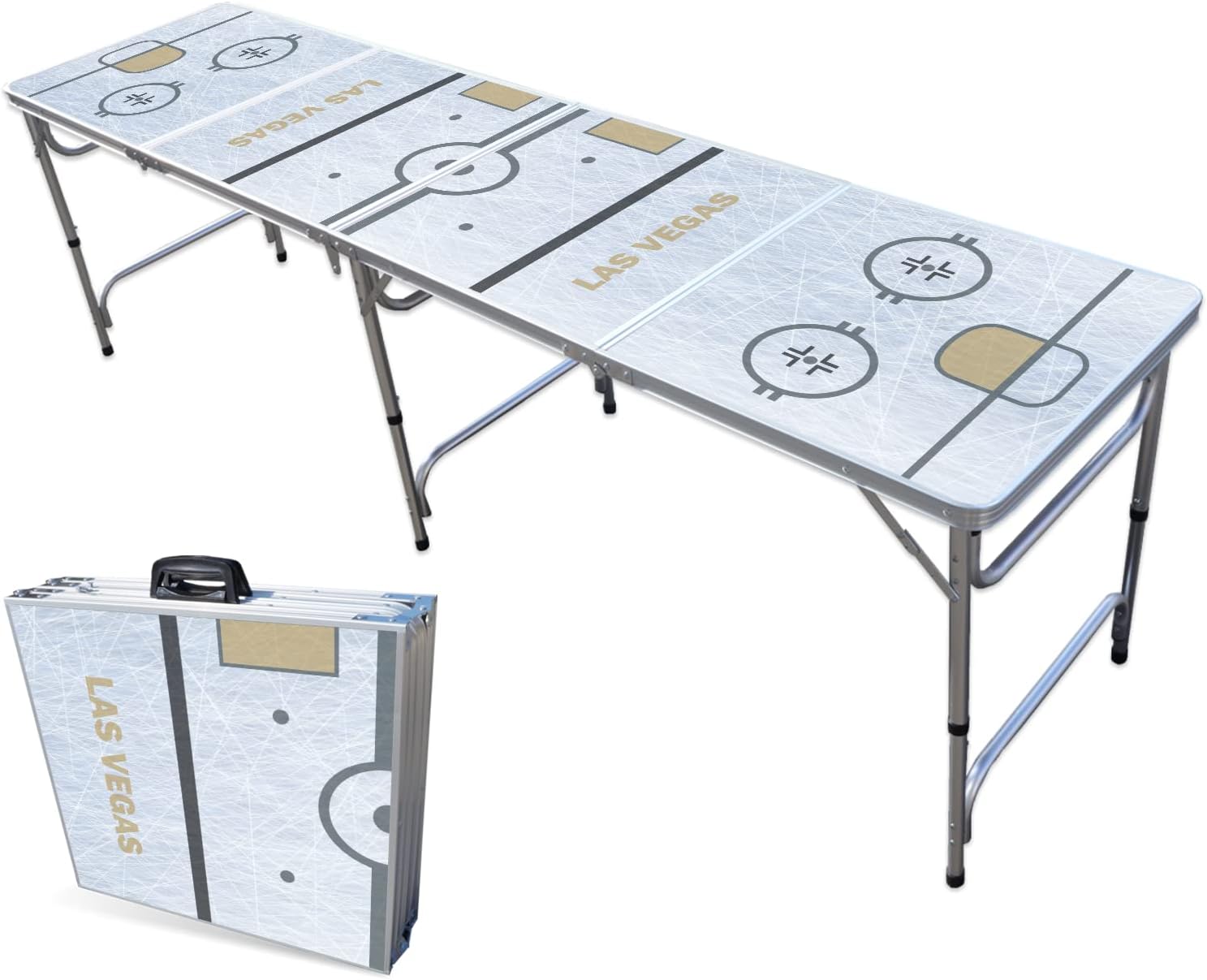 8-Foot Folding Portable Pong Table w/Optional Cup Holes & LED Lights - Las Vegas Hockey Rink (Choose Your Model)