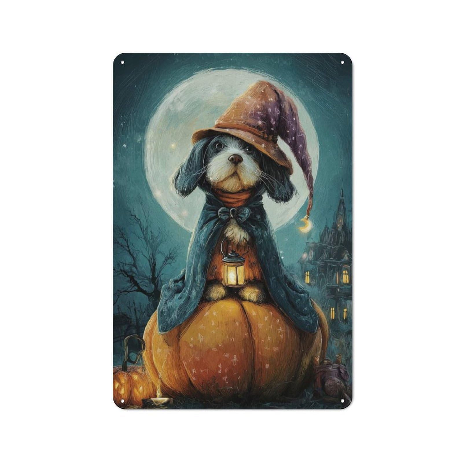 Junmoney Dog Wizard On Pumpkin Halloween Night Metal Wall Sign 30X20cm Featuring For Home Bar Wall, For Themed Interiors In Home Bars And Entertaining Spaces
