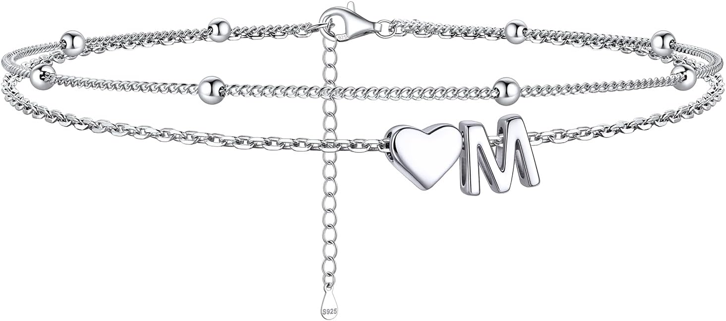 ChicSilver Sterling Silver Anklets for Women Hypoallergenic Womens Ankle Bracelets for Women Layered Heart Anklet With Initials Womens Anklets Jewelry for Mom Wife