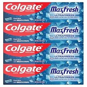 Colgate MaxFresh Cool Mint Toothpaste Pack, Fresh Breath Toothpaste with Fluoride and Hundreds of Mini Breath Strips, Leaves Mouth Feeling Refreshed for Hours, 4 Pack, 6.3 oz