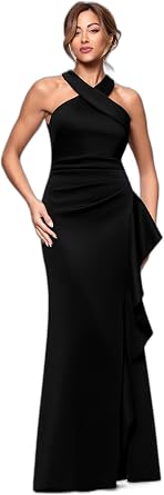 Xscape Womens Betsy & Adam Womens Scuba Crepe Sleeveless Leg Slit Ruffle Floor Length Dress