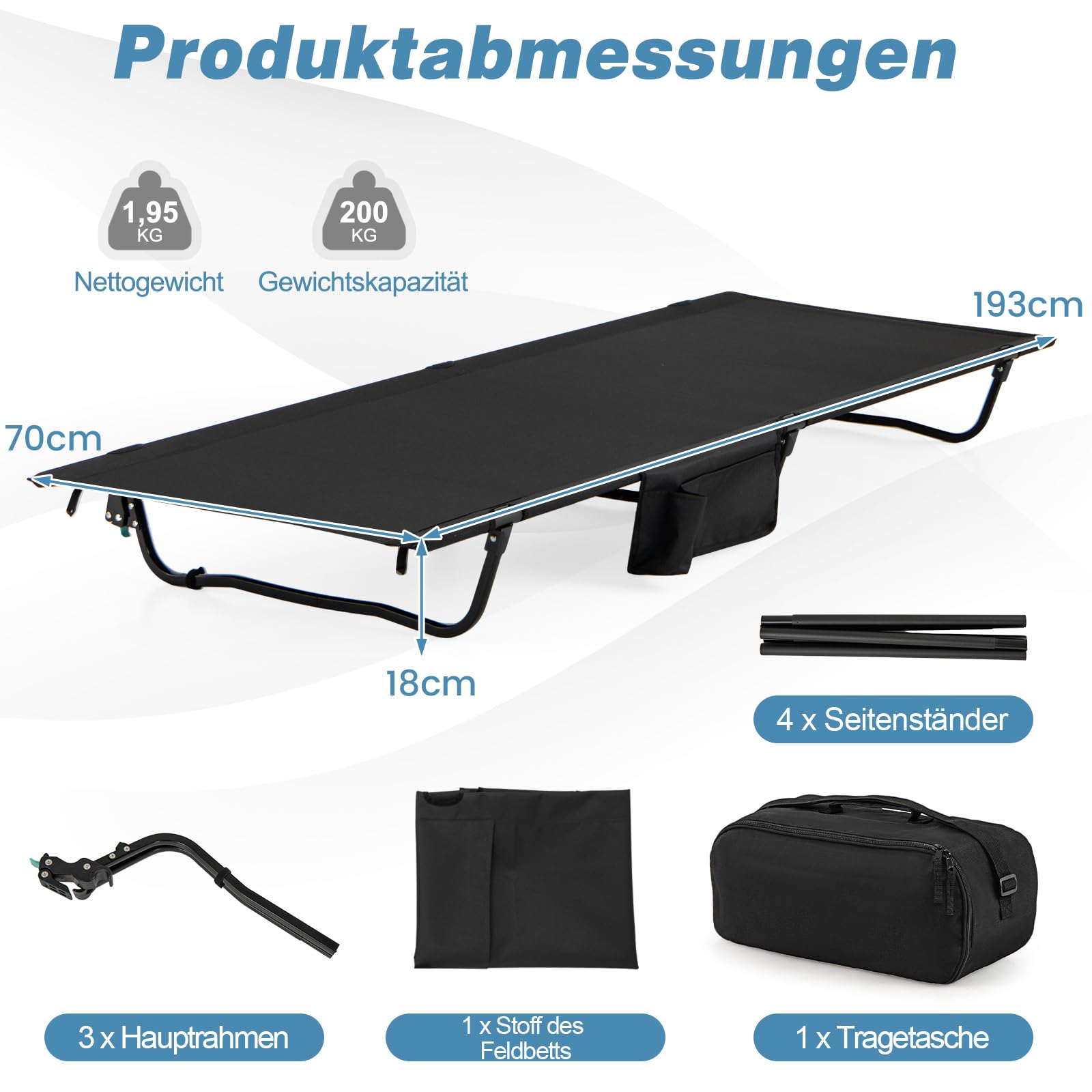 COSTWAY Feldbett klappbar, ultraleichtes Campingbett mit Seitentasche, 193 x 70 cm, tragbares Klappbett, 200 KG Tragkraft, Campingliege für Camping, Reisen, Strand (Schwarz)