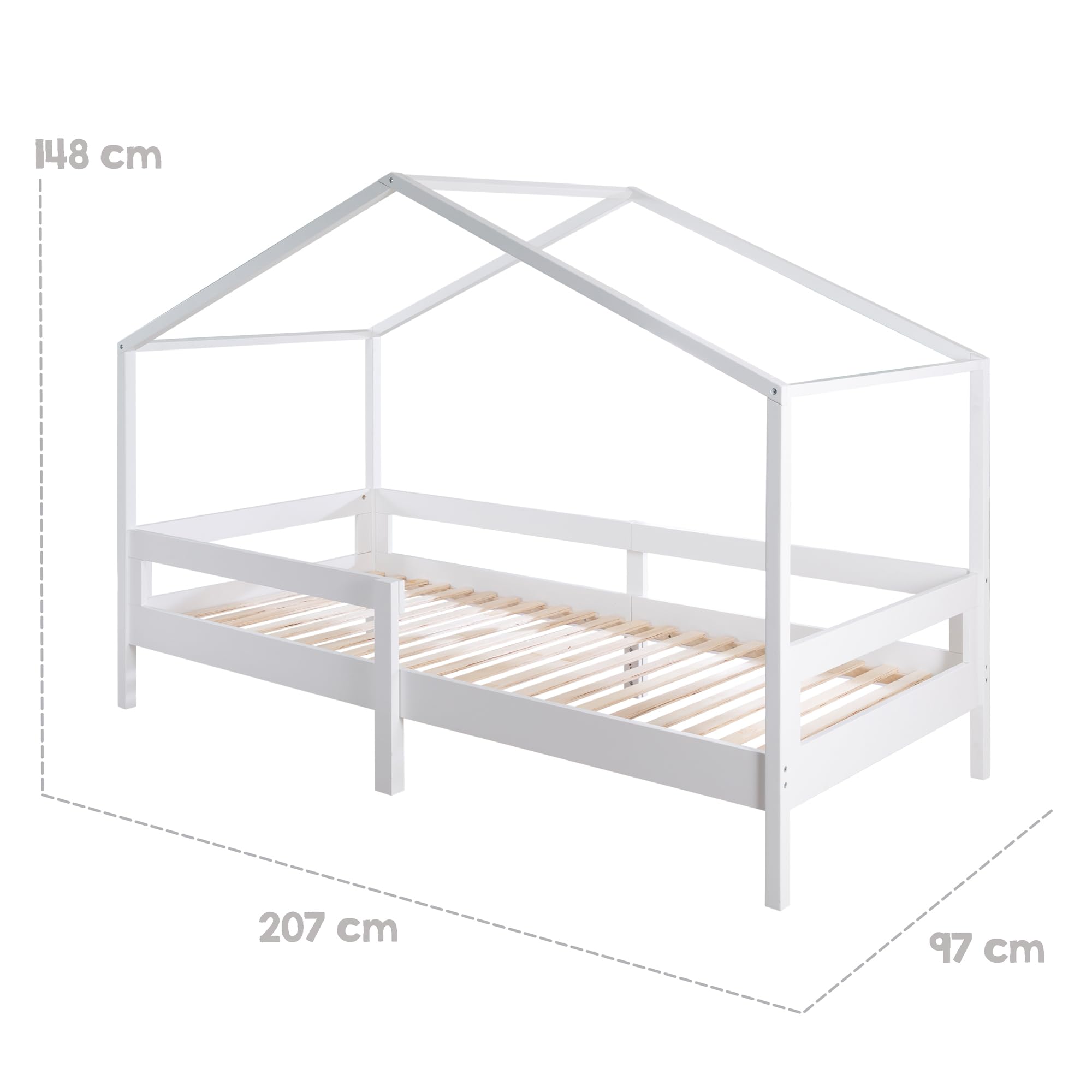 roba Łóżko domowe 90 x 200 cm – łóżko dziecięce zgodnie z zasadą Montessori – łącznie ze stelażem oraz wbudowaną ochroną przed wypadnięciem – drewno lakierowane na biało