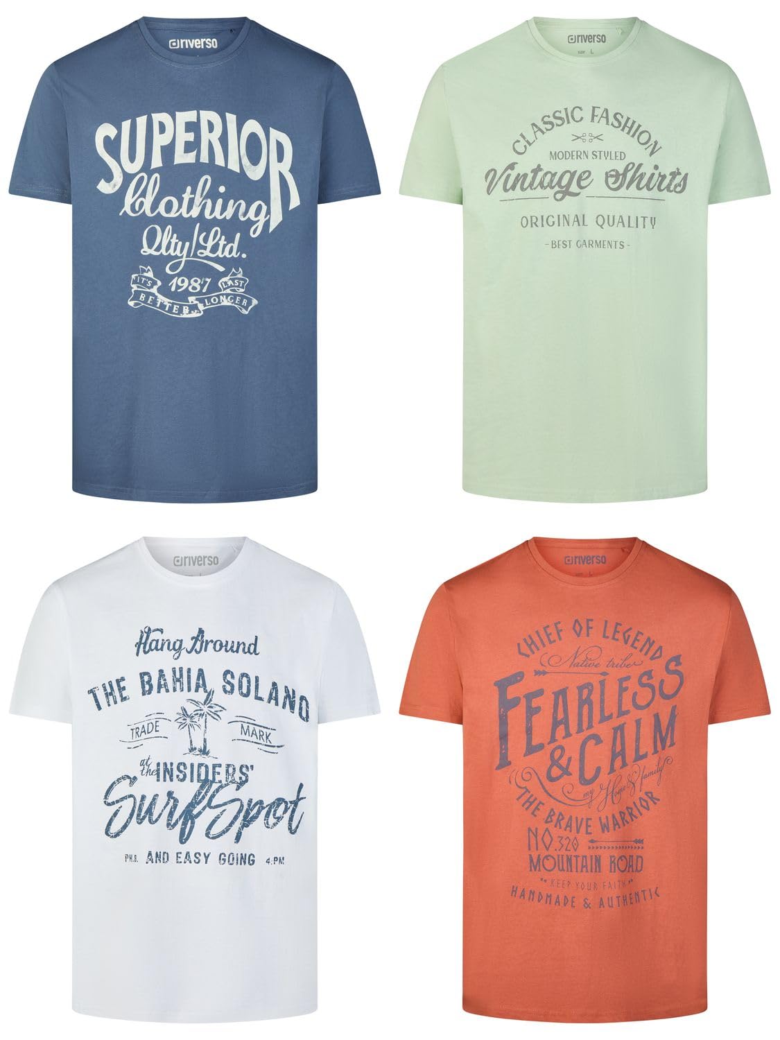 riverso Tshirt Herren Baumwolle Regular Fit RIVLeon 4er Set Pack Rundhals Kurzarm Sommer Tee Shirt Print Grün Blau Weiß Grau Rot Orange S M L XL XXL 3XL 4XL 5XL