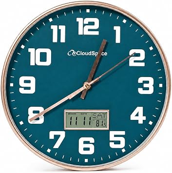 Cloud Space 12 Silent Wall Clock Battery Operated, Non Ticking Modern Wall Clock with LCD Calendar & Fahrenheit Temperature Display, Easy-to-Read Kitchen Bedroom Office Living Room Wall Clock