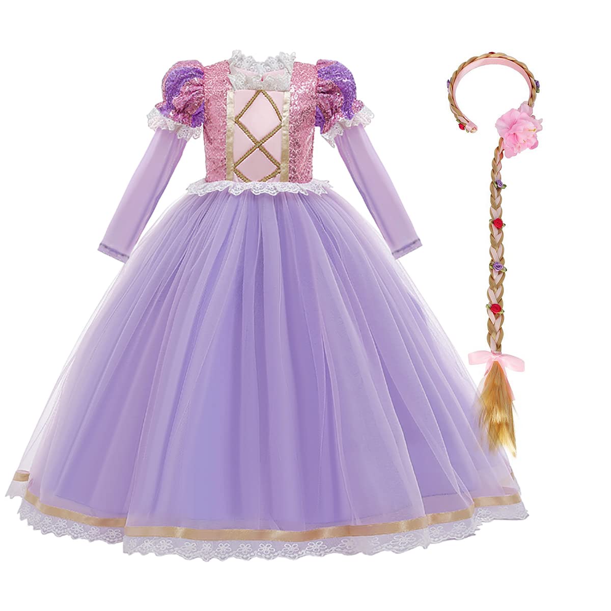 FYMNSI Rapunzel Princess Sofia Costume Kids Girls Deluxe Party Fancy Dress Up Carnival Cosplay Halloween Christmas Birthday Fairy Tale Long Prom Ball Gown Photo Props 3-8 Years