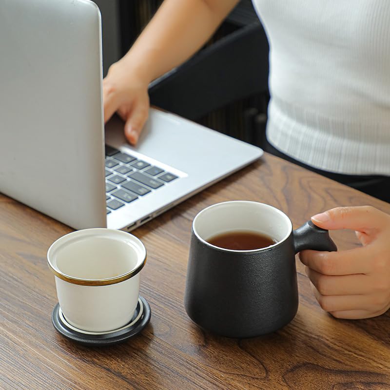 Tasse à thé Tasse à infusion en céramique avec couvercle, tasse à séparation d'eau et de thé, tasse filtrante avec poignée en bois, tasses de bureau Récipient de trempage(D)