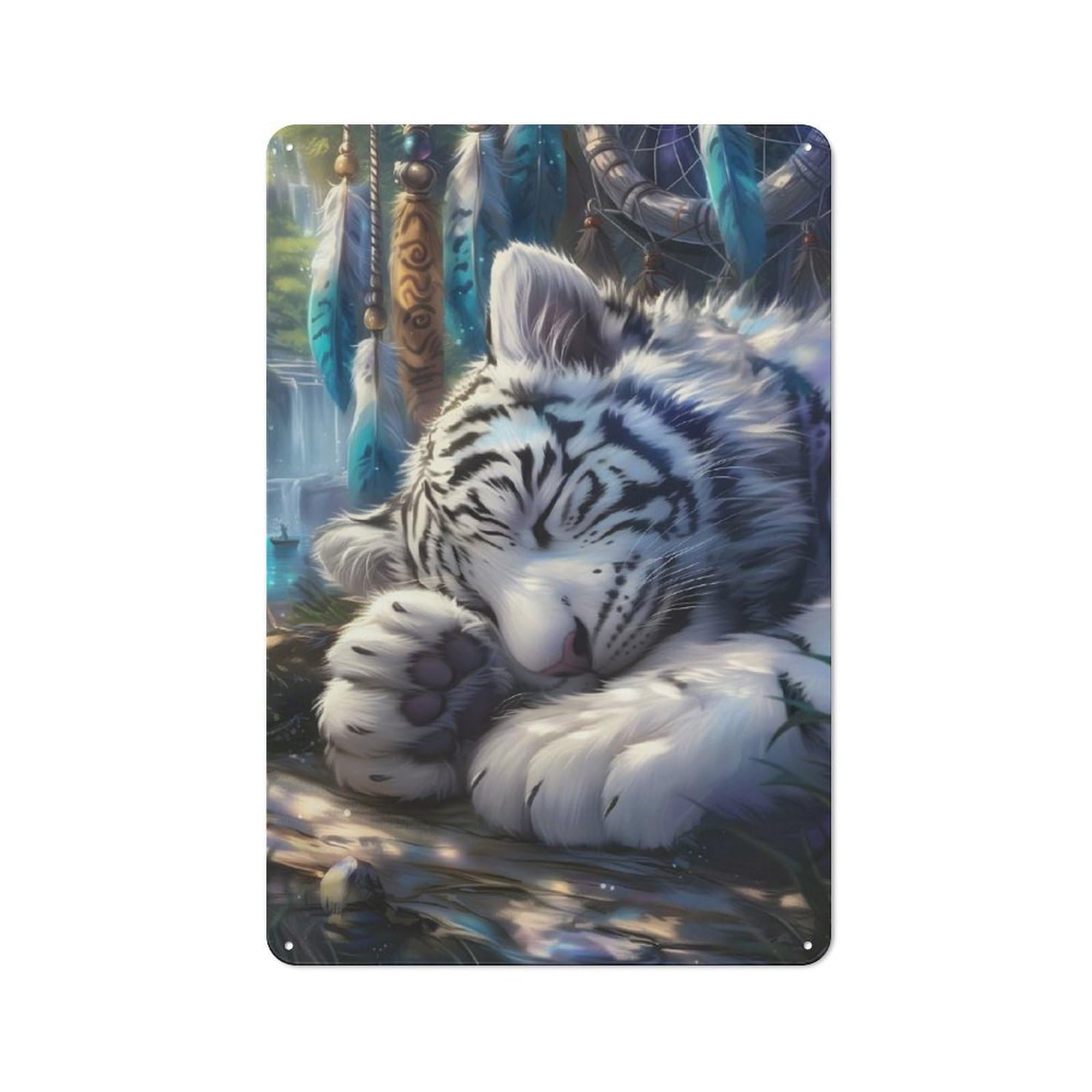 Junmoney Sleeping White Tiger Retro Tin Wall Plaque 30X20cm Featuring For Garage Wall, For Vintage Wall Decor Fans, For Themed Room Decoration