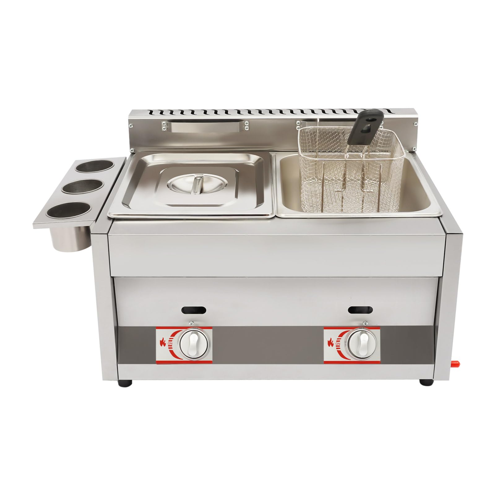 Freidora de gas doble con 2 cestas, Freidora profesional de playa de temperatura 50-380 °C con tazas de condimentos y cestas filtrantes, para freír las patatas fritas, alas de pollo