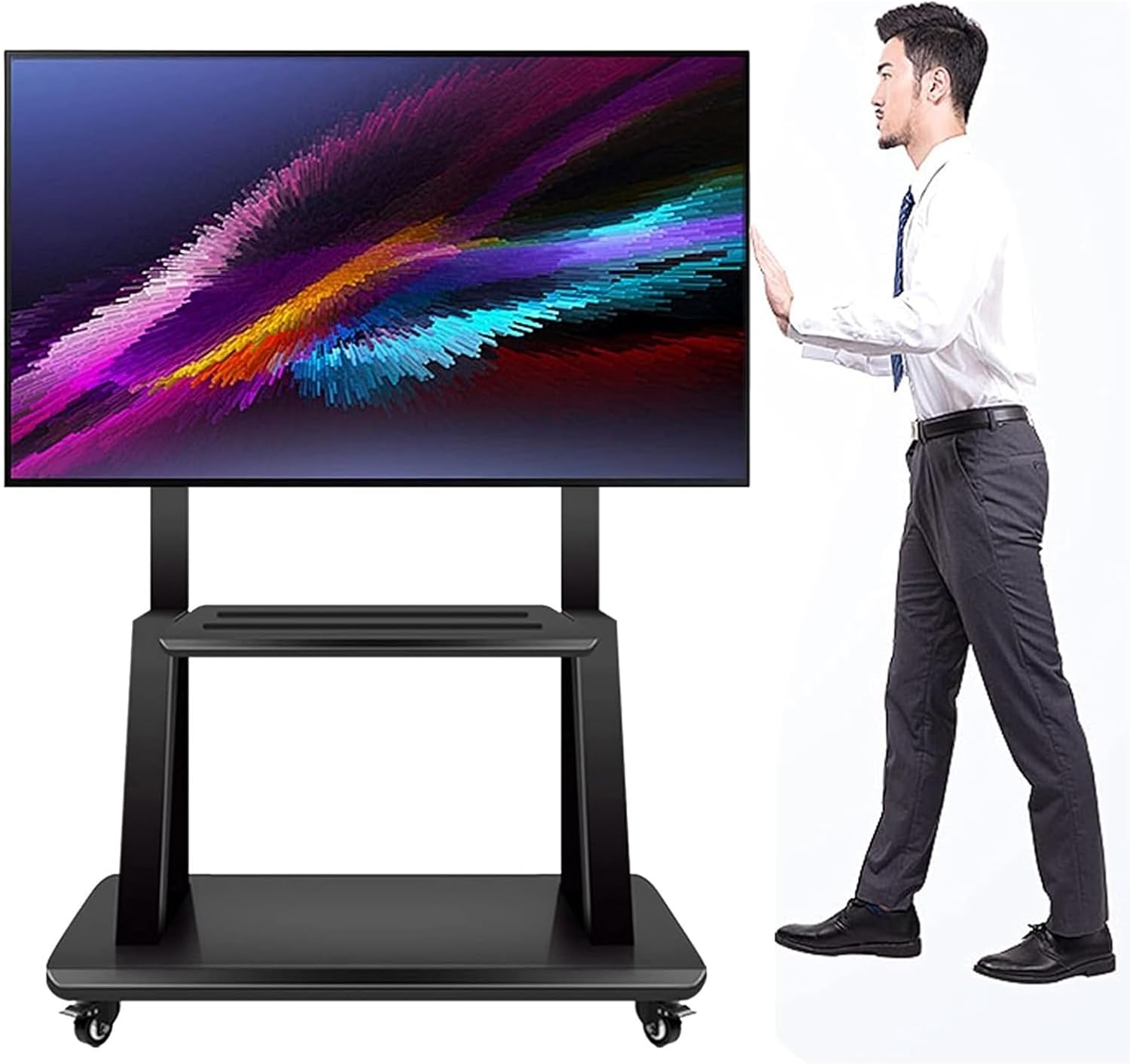 Mobile TV Cart, Portable tv Stand on Wheels, Heavy Duty Black Mobile TV Stand, Fit for 32-75 Inch TV, Adjustable Height Floor TV Cart Stand with Wheels & AV Shelf(