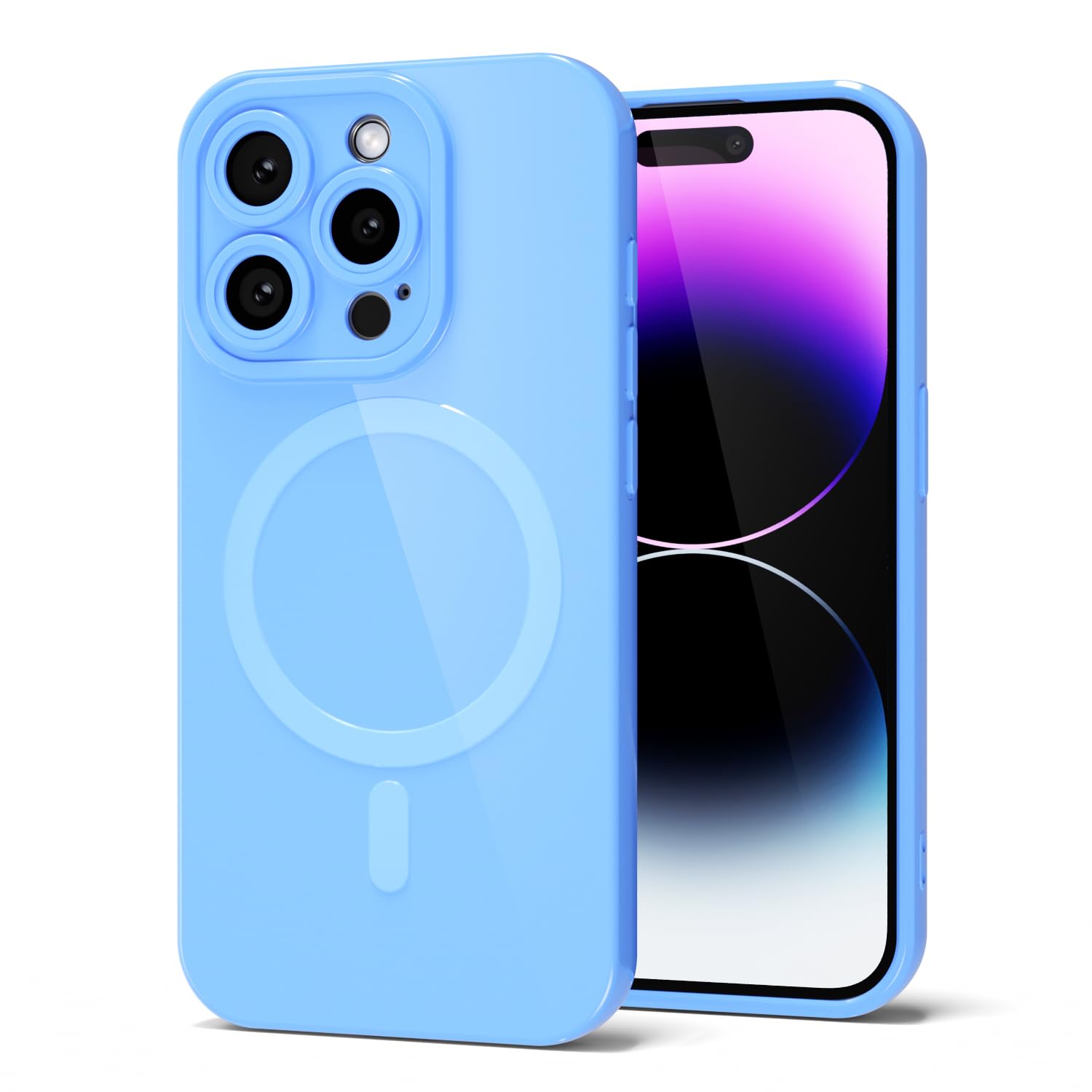 for iPhone 14 Pro Max Phone Case Silicone Magnetic, Compatible with Magsafe Case Cute for Women, Girly Glossy Jelly Rubber Thin Slim Hard Plastic Mag Safe & Camera Cover Protection, Light Blue