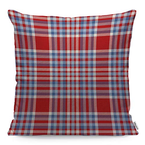 Wondertify Throw Pillow Case Cover Tartan Plaid Pattern Checkered Fabric Texture Moderate Light Blue White And Bright Red Soft Linen Pillow Case For Bedroom/Livingroom/Sofa Cushion Covers 18X18 Inch #TOP13