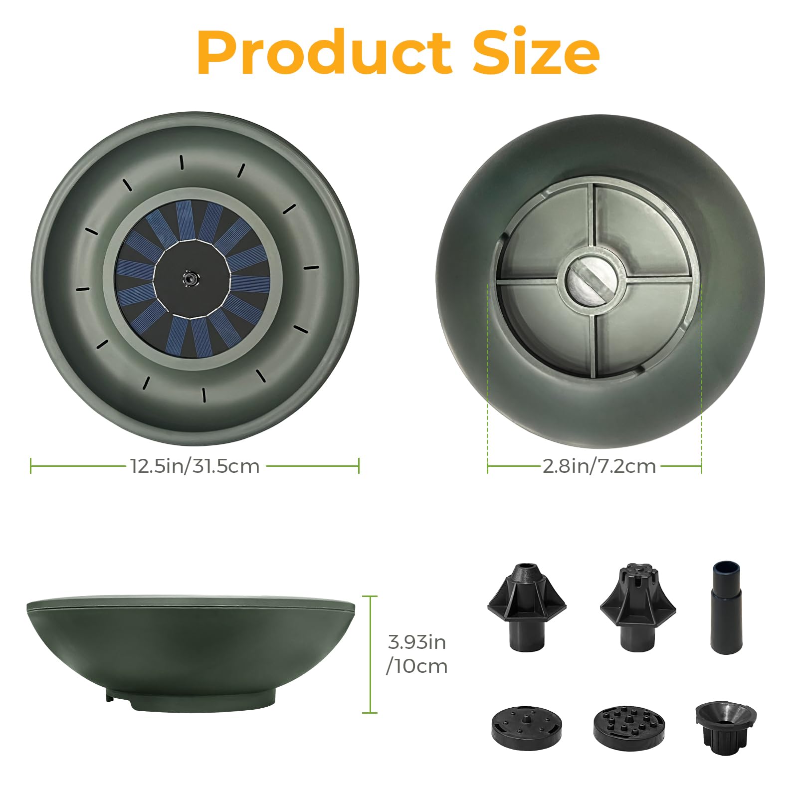 Fuente solar para pájaros para exteriores, 12.5 pulgadas, fuente verde para pájaros con 6 boquillas, cuenco independiente para jugar pájaros para jardín, patio, balcón, decoración de
