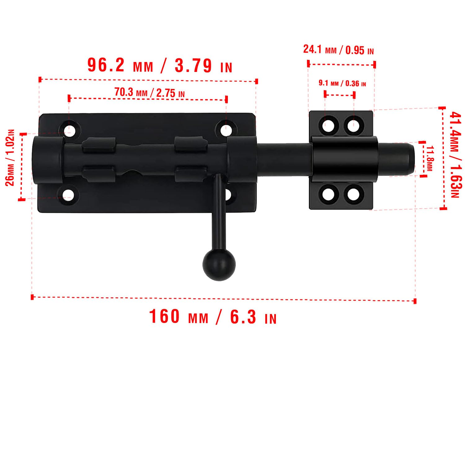 6.3 inch Heavy Duty Sliding Gate Latch Bolt Door Lock with Padlock Hole,for Fence Yard Doors, Garages, Bedrooms - Image 3