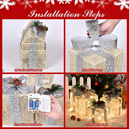 Covfever Christmas Lighted Gift Boxes, Pre-Lit Lights Gold Linen Cloth Gift Boxes, Light Up Present Boxes Set Battery Operated With Different Sizes For Holiday Indoor Outdoor Decorations #TOP2