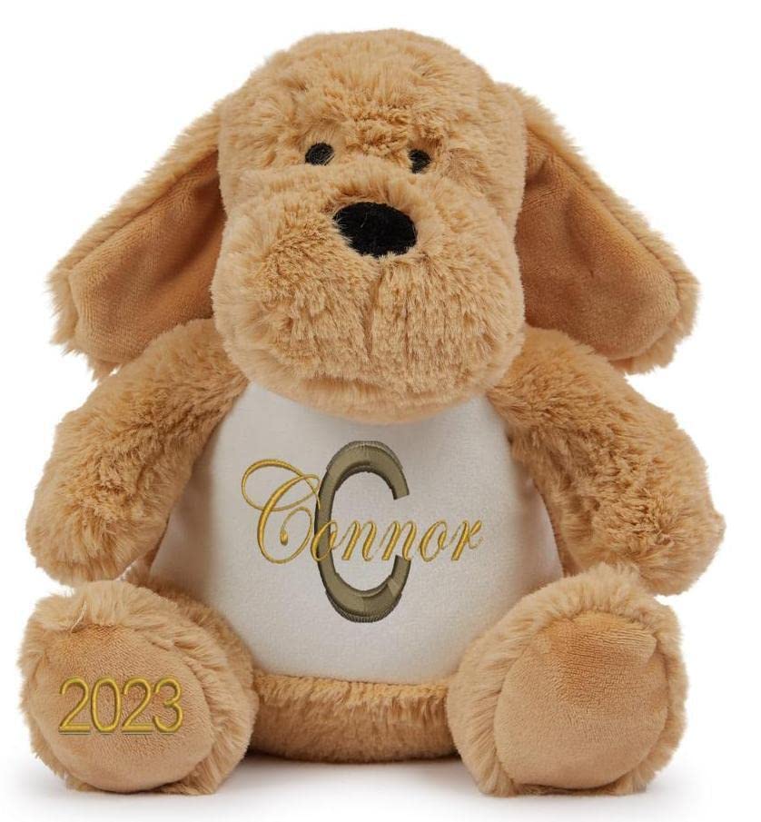 Personalised Teddy Bear and Animal Soft Plush Toys with Name & Initial, Customisable New Baby Gift, Baby Boy, Baby Girl, Baby Shower Gift, Birthday Gift, Christening Gift (Puppy Dog)
